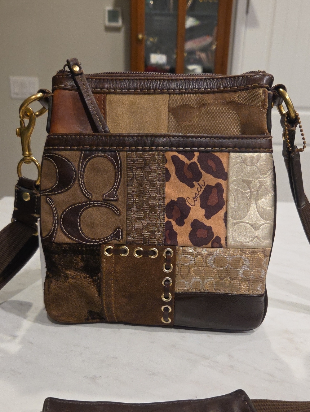 Coach Multitexture Patchwork Crossbody Bag in Brown and Tan
